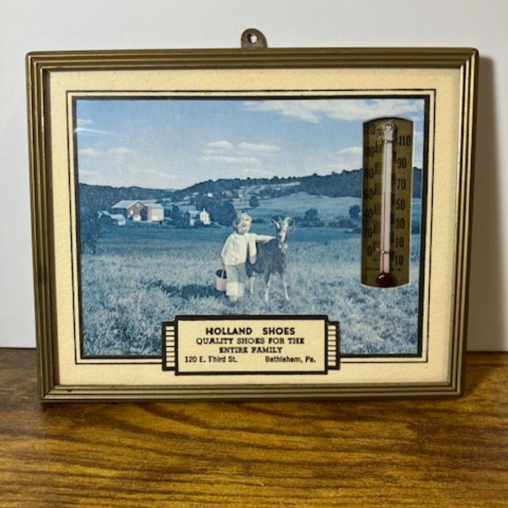 Vintage 1950's Advertising Thermometer/Picture Pastoral Scene/Metal Frame/Glass‎